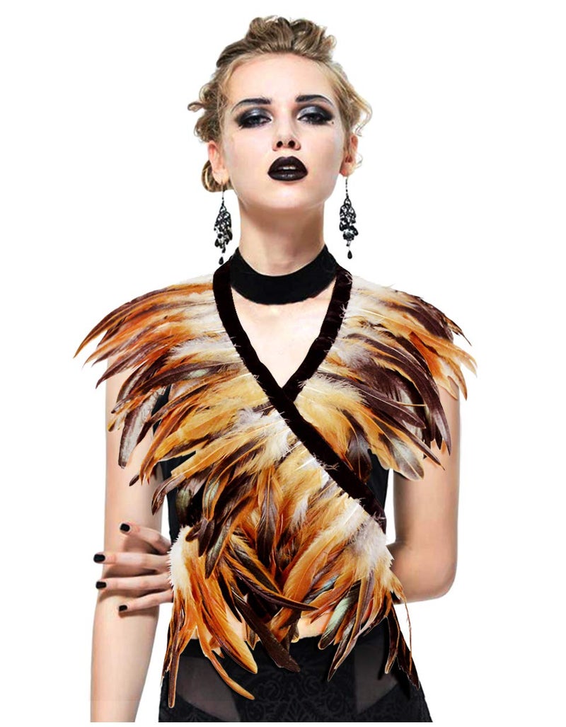 L'VOW Feather Boa Ribbon Punk Gothic Shawl Crow Witch Costume for Halloween(Brown) - Image 2